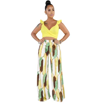 

Fashion 2019 Summer Women Print Crop Top 2 Two Piece Set V-neck High Waist Ruffle Wide Leg Pants Loose Casual Outfit Beach Boho