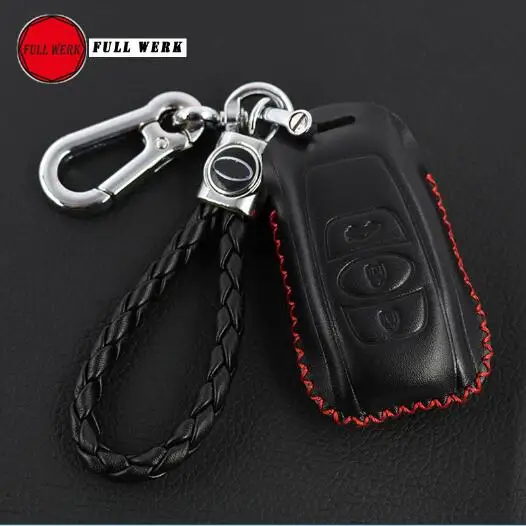 Ручной пошив кожаный чехол для ключей автомобиля для Subaru 19 Forester XV 19 ключ без ключа бумажник протектор цинковый сплав брелок кольцо - Название цвета: Black with Red