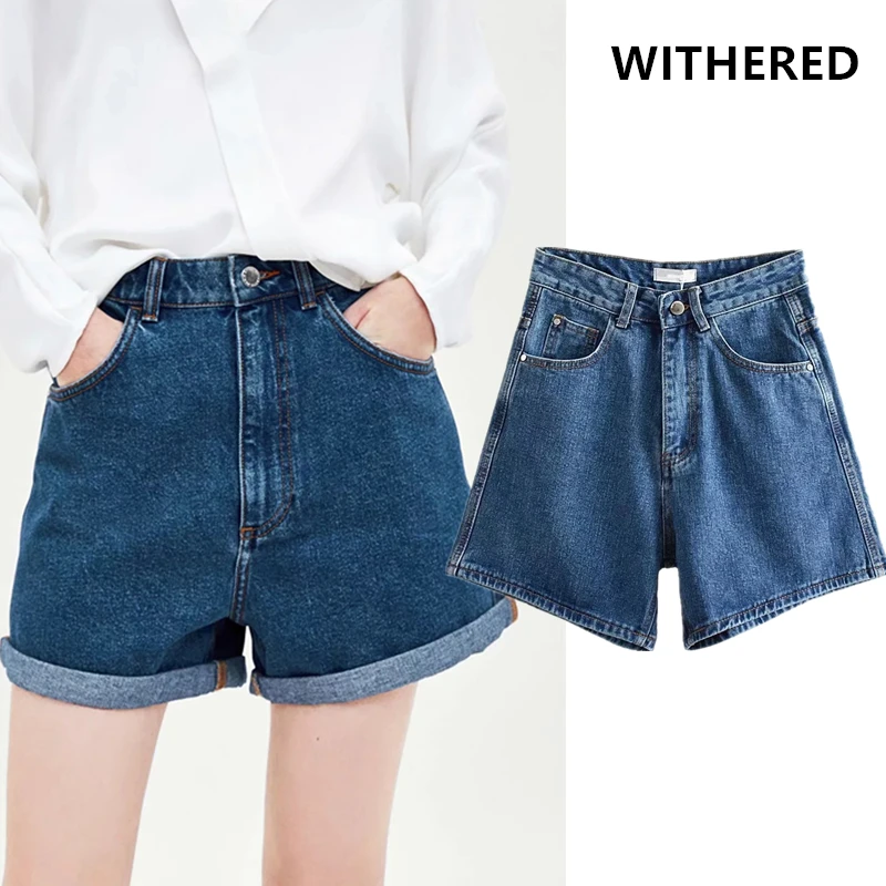 

Withered mom denim shorts women high street washed blue high waist roll up short feminino plus size women short plus size