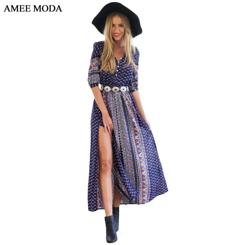 2015 New Bohemian Style Slit Purple Geometric Hippie V neck Long Ankle Length Beach Dress
