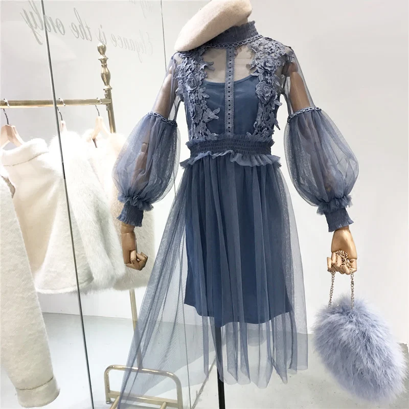 Женское кружевное платье ALPHALMODA с рукавами фонариками и высокой талией тонкое