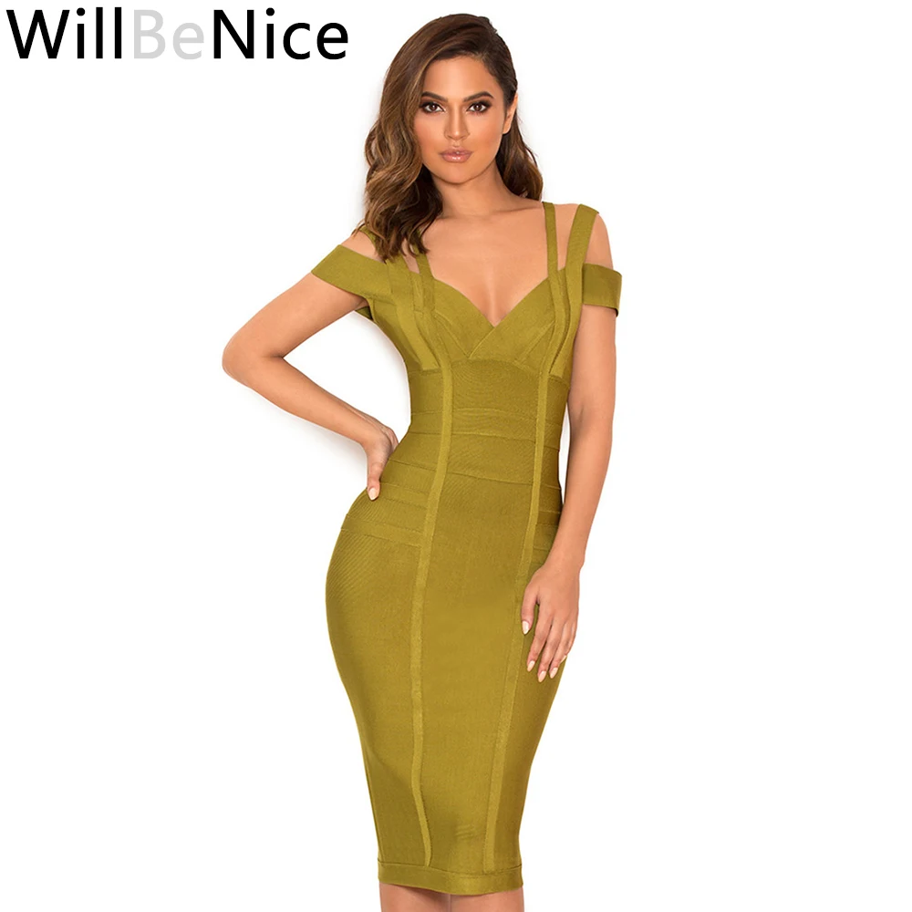 

WillBeNice 2018 New Top Quality Cheap Wholesale Army Green V Neck Double Strap Striped Bandage Dress