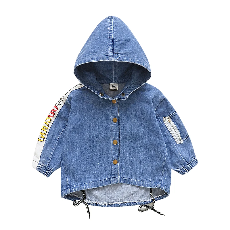 

1-5 years old 80-120 cm height baby girls denim jacket printe letter hooded jacket spring and autumn coat hot Spring essentials