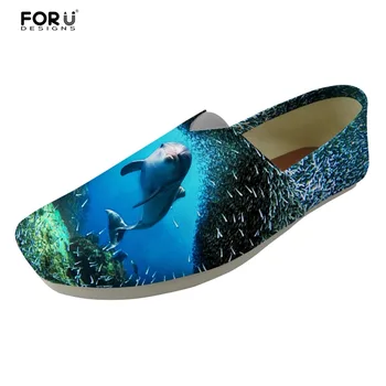 

FORUDESIGNS Blue Underwater World Dolphins Pattern Ladies Flats Shoes Luxury Brand Canvas Casual Shoes for Student Women Light