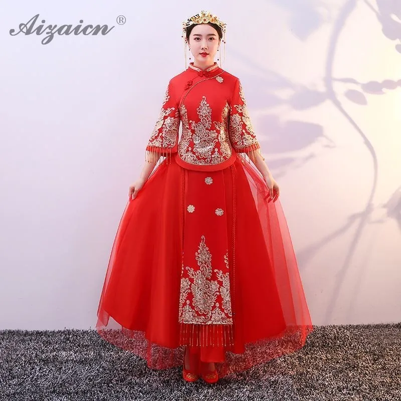 

2019 Women Chinese Traditional Wedding Dress Qipao Orientale Retro Long Cheongsam Dresses Red Bride Robe Oriental Style Qi Pao