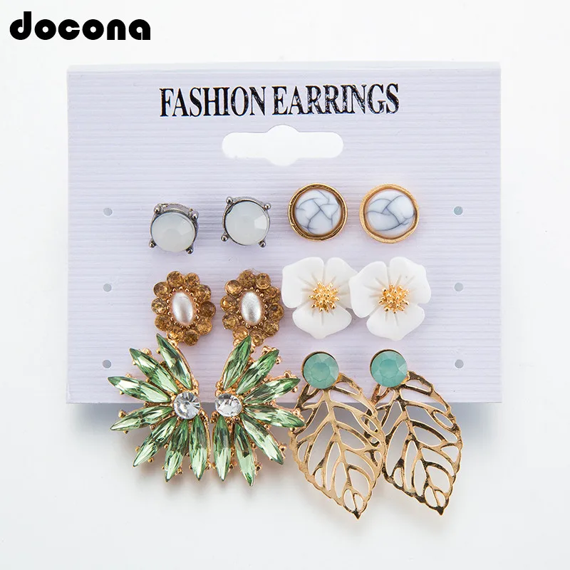 Docona Boho Роскошные Жемчужные Зеленый хрустальный камень цветок лист золотые серьги набор для женщин геометрические вечерние свадебные серьги-гвоздики 4150