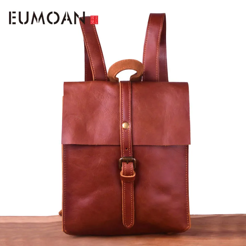

EUMOAN Female head leather shoulder bag, simple British style retro backpack, college bag