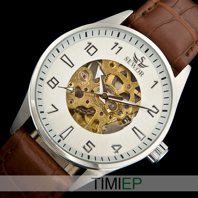 SEWOR Analog Men Fashion Brown Leather Skeleton Mechanical Sport Wrist Watchin Lover's Watches