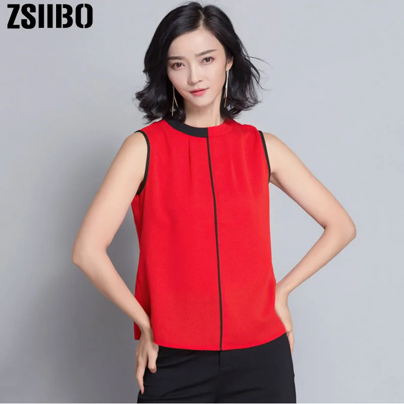 

Summer Simple Sleeveless Chiffon Shirt Top OL style Women's Slim Wild Standing collar Splicing Solid Small Shirt Slim blouse