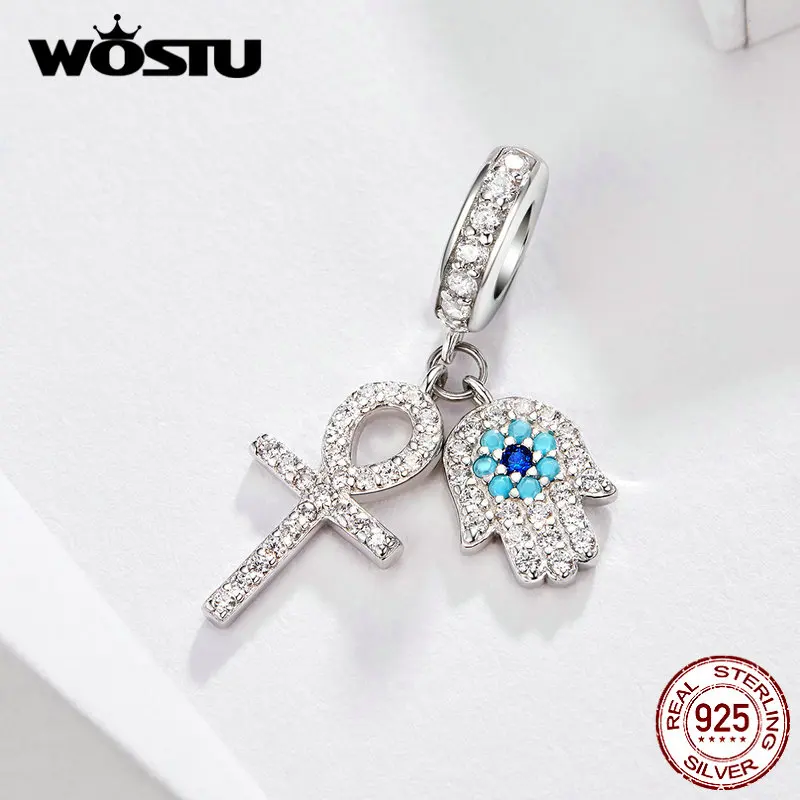 WOSTU оригинальные Висячие Подвески в виде руки Лаки хамсы, 925 пробы, серебро, CZ, эмалированные бусины, подходят для самостоятельного изготовления браслетов, ювелирных изделий FNC084