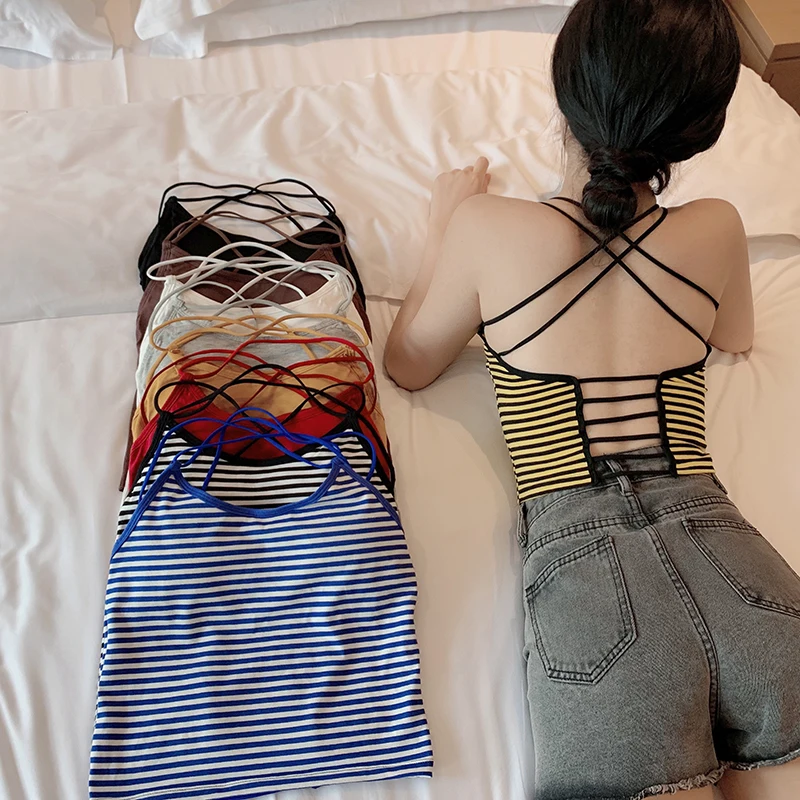 

Girls Sexy Striped Short Camis Tops With Seperated Pads Women Crossed Straps Padding Tanks Crop Tops For Female GT3655