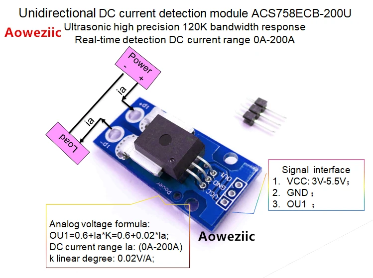 

Unidirectional DC Current Sensor module ACS758ECB-200U 120 kHz Bandwidth DC: 0-200A 0.02V/1A