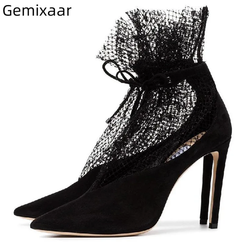 

Black Air Mesh Woman Sandals V-shallow Point Toe High Gladiator Heels Sandalias 2019 Sexy Fashion Air Mesh Woman Sandals 35-42