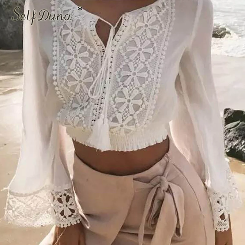 

Self Duna Sexy Top 2019 Autumn Women White Blouse Lace Tassel Black Long Sleeve Flowral Embroidery Short Female Blouse