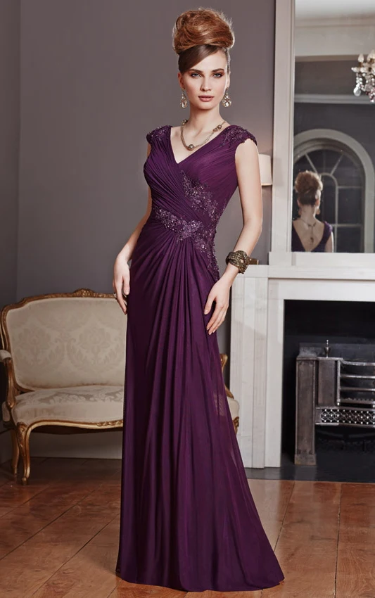 Sheath Cap Sleeves V Neck Floor Length Long Chiffon Mother Of The Bride Dress Elegant Plus Size