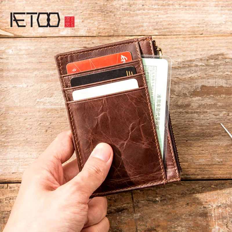 

AETOO Retro men's card bag multi-function leather ultra-thin zipper mini purse ladies driver's license leather card holder