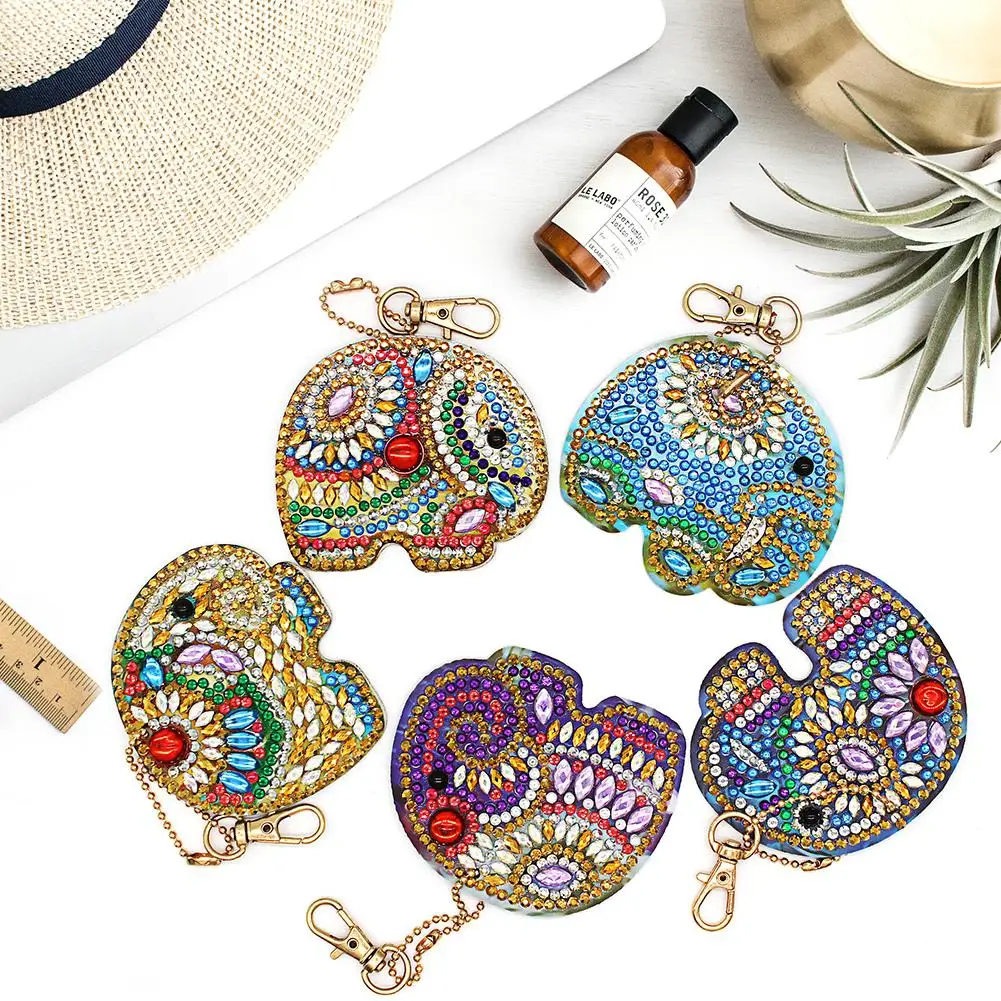 

New 5Pcs Cartoon Elephant Shape DIY Resin Diamond Painting Key-chain Handcraft Key Chains for Kid Women Bag Pendant Jewelry Diy