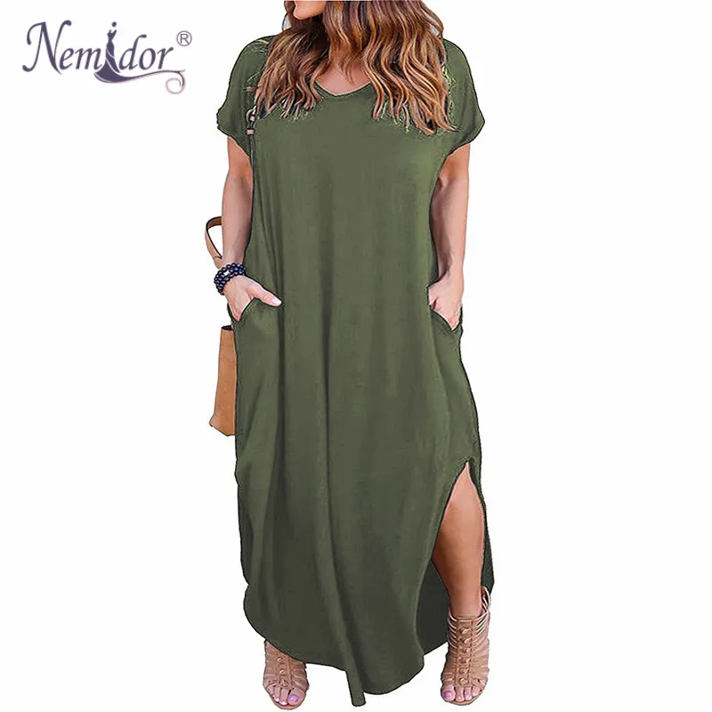 Nemidor женское свободное Повседневное платье с коротким рукавом, v-образным вырезом и передним карманом размера плюс 8XL 9XL вечерние длинные платья макси с разрезом - Цвет: army green