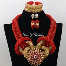 Красные золотые африканские Ювелирные наборы костюм нигерийские Свадебные ожерелья бусы комплект ювелирных изделий полный набор новинка AMJ580