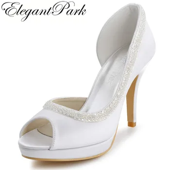 

EL-005-PF White Elegant Peep Toe Beading Platforms 4" Stiletto Heel Satin Wedding Party Pumps Women's Shoes