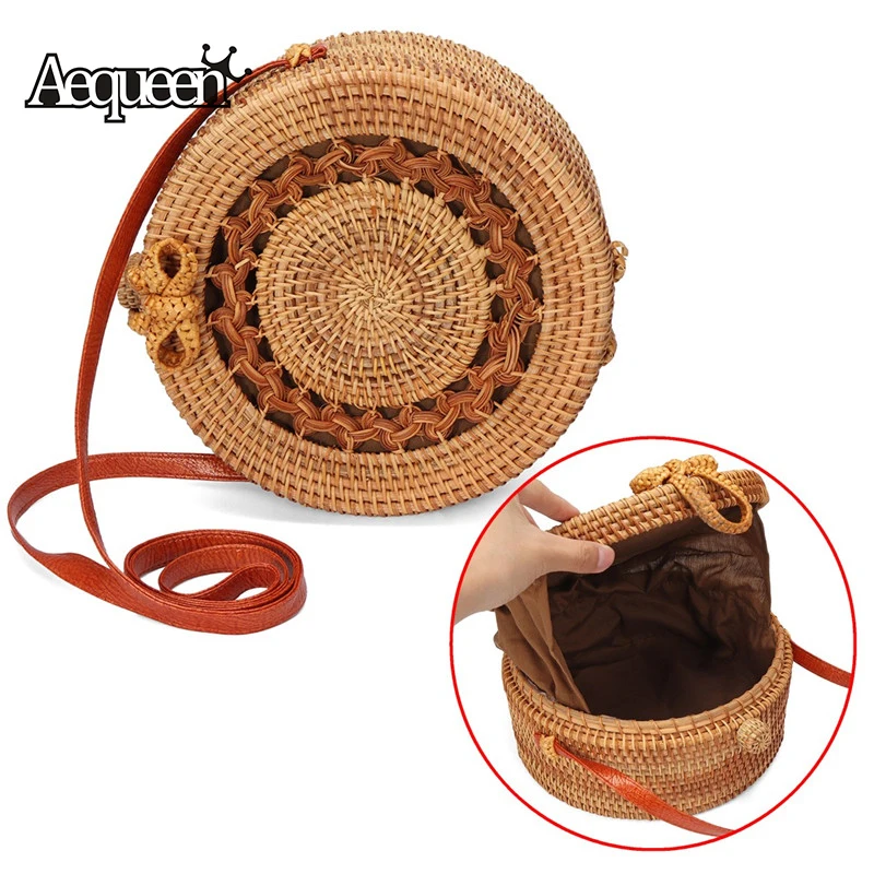 

AEQUEEN Round Rattan Straw Bags Summer Beach Bag Handmade Knitted Crossbody Bag Circle Shoulder Bags Bowknot Woven Bolsos Mujo