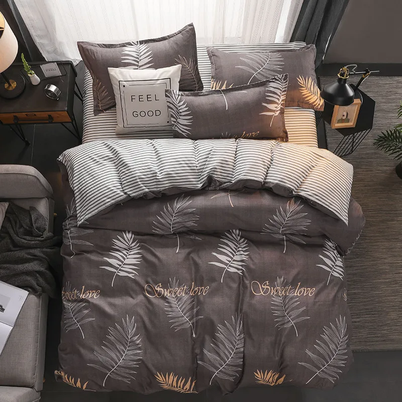 

Brief Style Gray Polyester Bed Cover Sets 4pcs Queen Twin Size Bedding Set Plant Pattern Quilt Cover Bed Linens for All Seasons