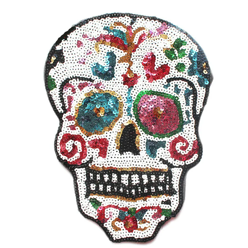 

1Pcs Sequins Cloth Patch Colorful Skull Sew on Iron on Embroidery Stickers DIY Patch Clothing Appliqued Badges 25x18.5cm