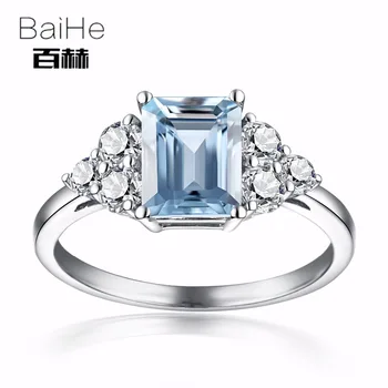 

BAIHE Solid 14k White Gold 6x8m Certified Emeral Cut Natural Aquamarine White Topaz Engagement Women Fine Jewelry fashion Ring