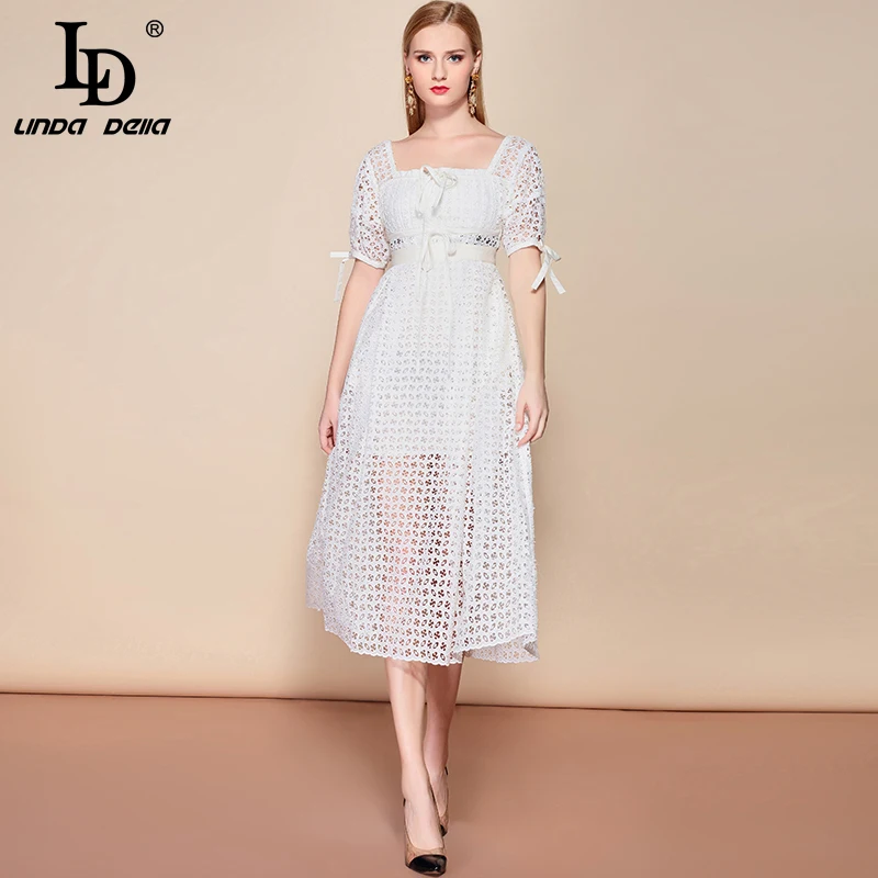

LD LINDA DELLA 2019 Fashion Summer Holiday Party Dress Women's Lantern Sleeve Solid Hollow out Lace Midi White Elegant Dress