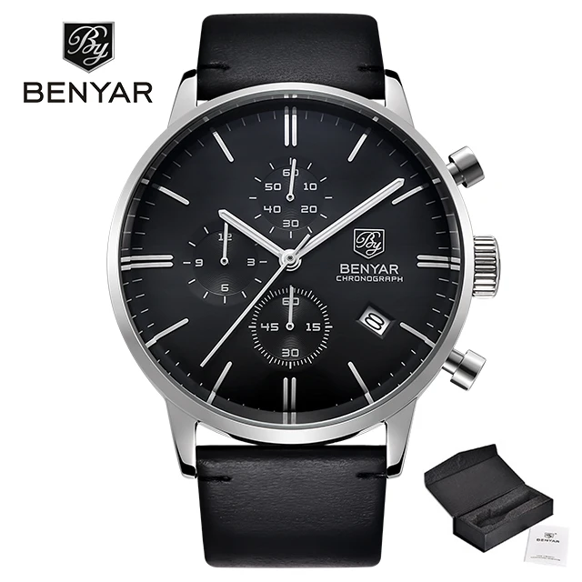 New Benyar Men's Watches Multi-Function Wristwatches Mens Top Luxury Brand Watch Male Sport Quartz Chronograph Relogio Masculino - Цвет: silver black