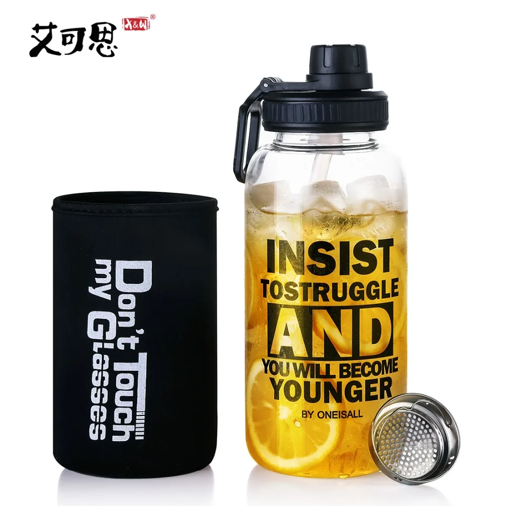 X&ampW Sports Glass Water Bottle with Straw 1000ml Borosilicate Tea Filter and Cloth Sleeve for Outdoor Hiking | Дом и сад