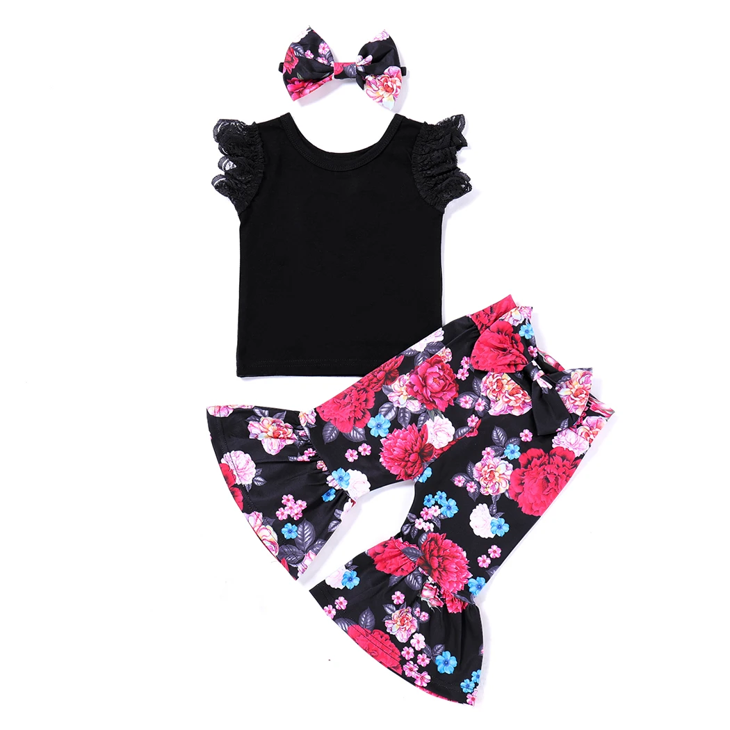 Summer Girls Flare Pants 3Pcs Newborn Baby Kids T Shirt+Flower Printed