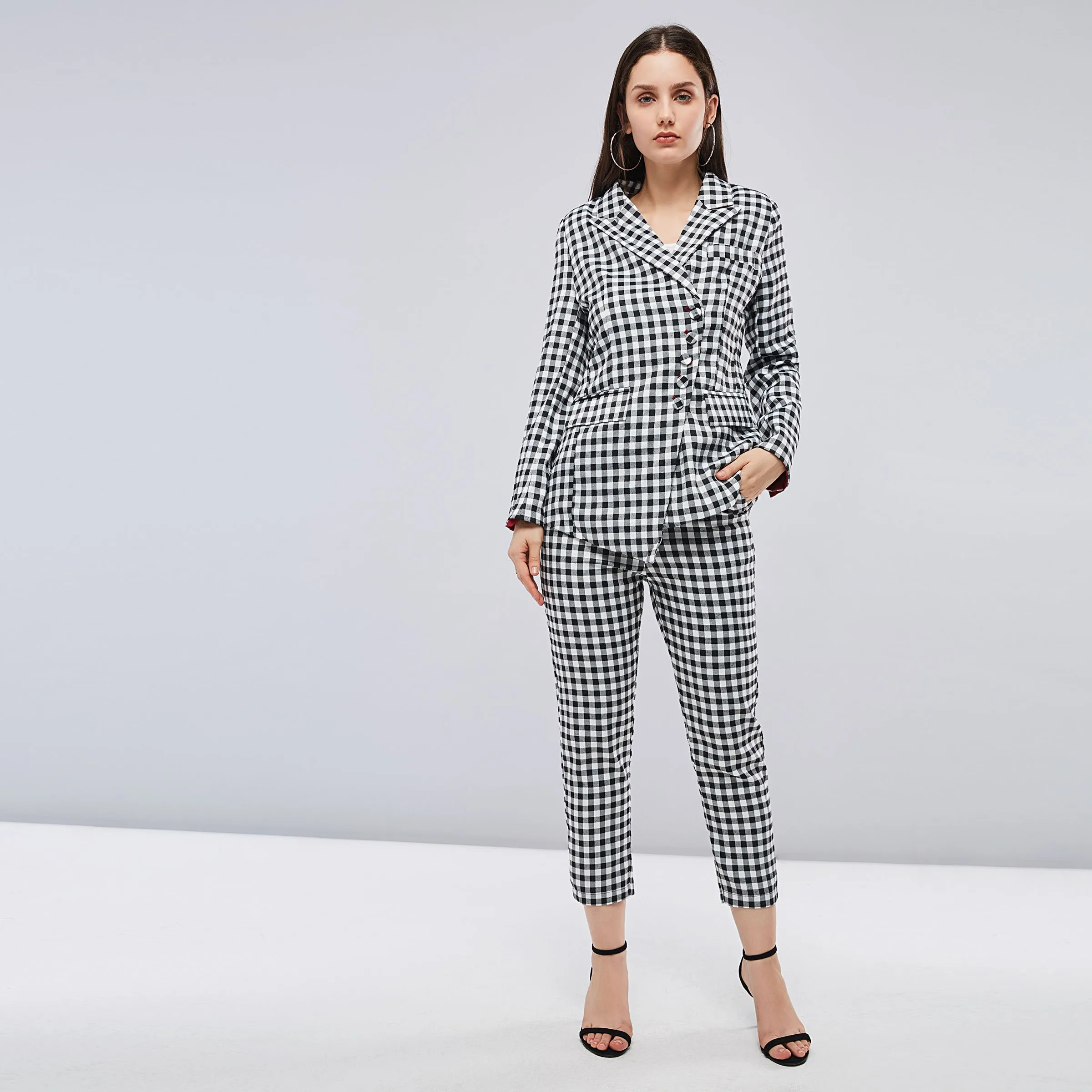 Women Pant Suits High Quality Gray Plaid Print Ladies