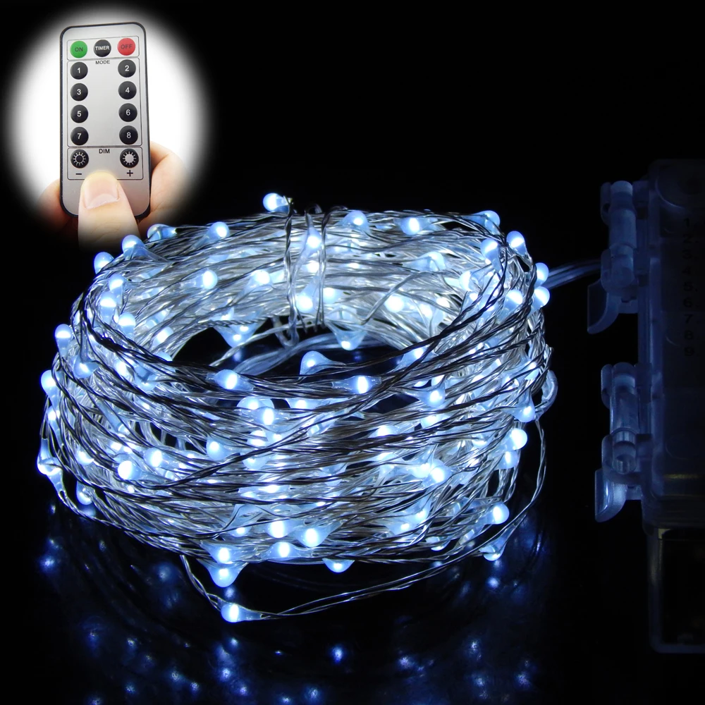 Remote Control 12M 240 LEDs String Lights Battery Operated 8 Mode Silver Wire outdoor light ...