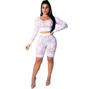

Black Wind Spring Summer Women Two Piece Set Top and Pants Lace Long Sleeve Short T Shirt Short Pants Sexy Tracksuit Plus Size