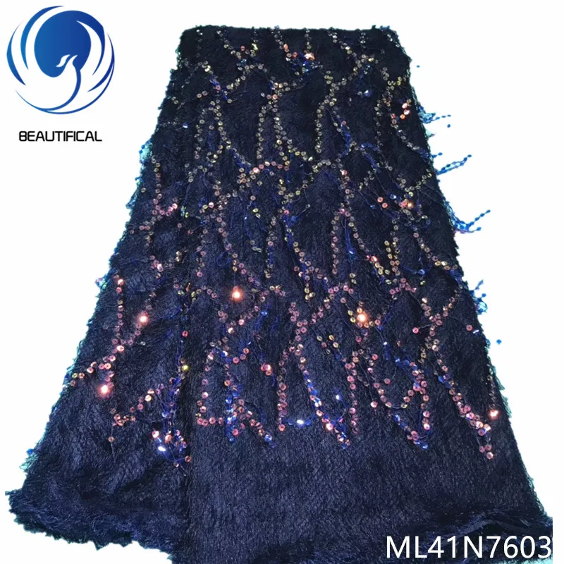 

Beautifical Nigerian lace fabrics Fashion design 3d long wool lace fabric with sequins 5yards net lace fabric for women ML41N76