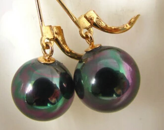 

hj 00601 14mm round Tahitian black shell pearl dangle earring