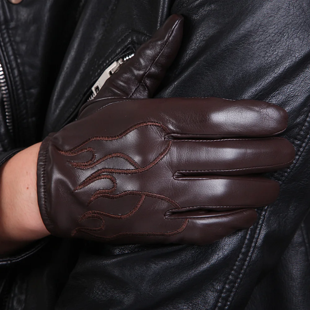 Sheepskin Gloves Male Autumn Winter Thicken Plush & Nylon Lined Genuine Leather Full Palm Touchscreen Embroidery Gloves M050NC2