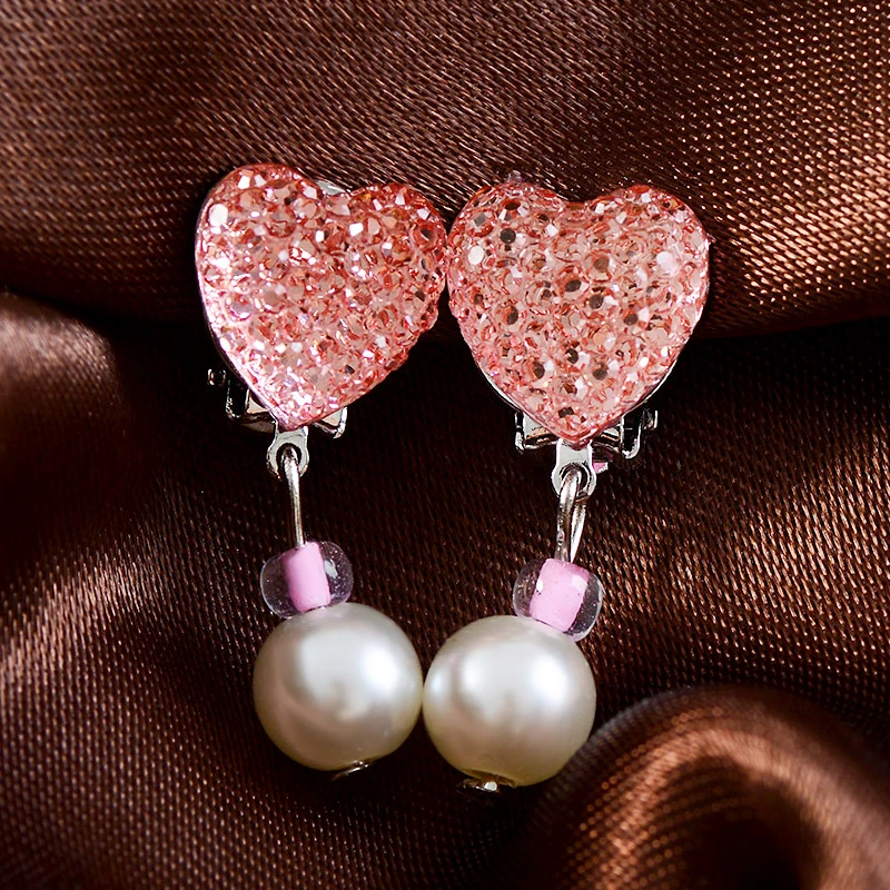SHUANGR/1 пара сережек в форме сердца без пирсинга для девочек, детские милые клипсы с искусственным жемчугом и кристаллами, клипсы для ушей, ювелирные изделия