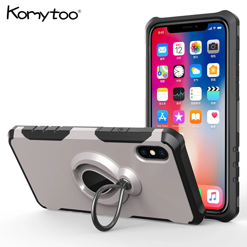 

KOMYTOO PC TPU Phone Case For iPhone XS Max X Shockproof Finger Ring Phone Holders Stands Cover Cases For iPhone 8 7 6 6s Plus