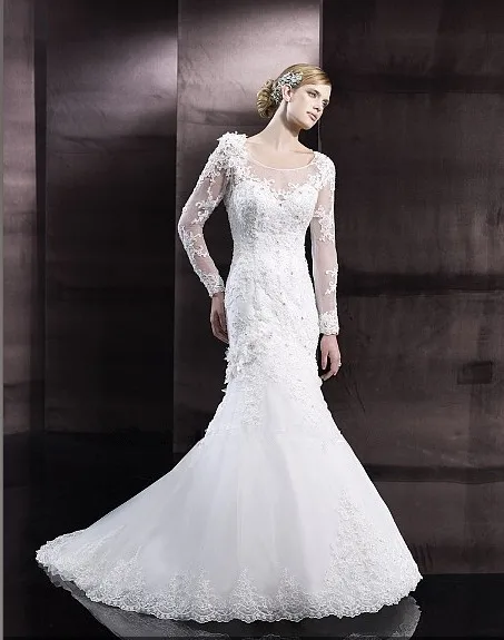 

lace applique handmade flower romantic sheer long sleeves crystals pearls Buttons loops cascade zipper wedding gown bridal dress