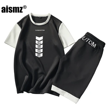 

Aismz 2018 New Arrivals Summer mens tracksuit short sleeve shorts casual slim suit sprots set men's Round neck print