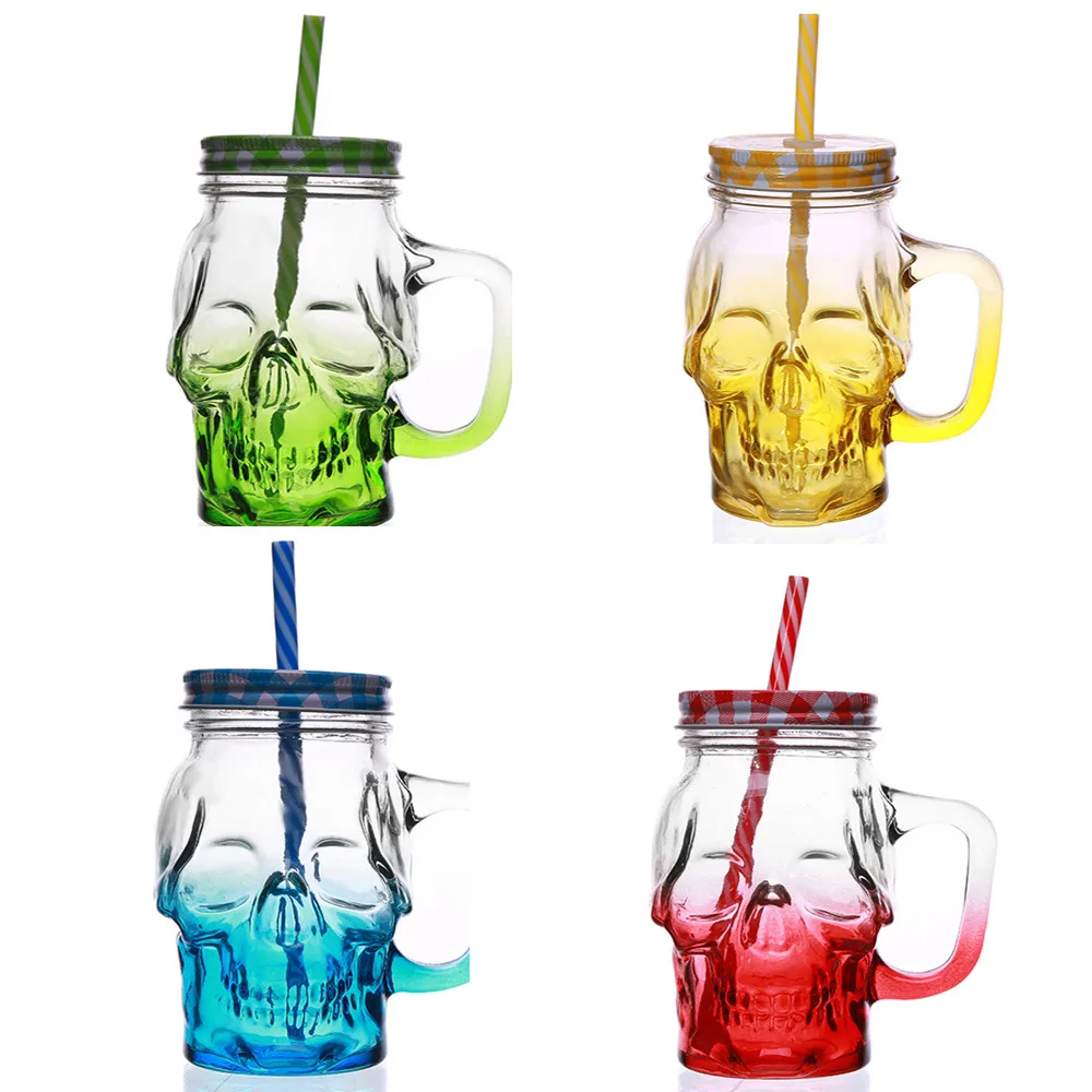 

4 Color Skull Skull Mason Jar Skull Mug With Straw Glass Candy Color Gradient for Beer Juice Water Drinking Home Party Drinkware
