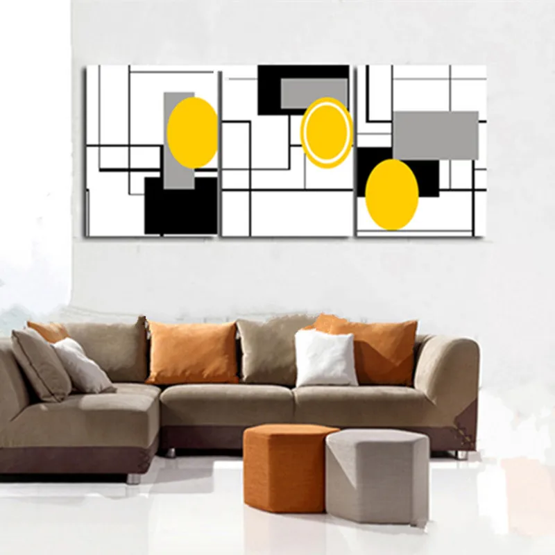 

Simple 3 Panel Pictures Handpainted Abstract Yellow Round Oil Painting Modern Home Decor Wall Art Handmade Line Canvas Paintings