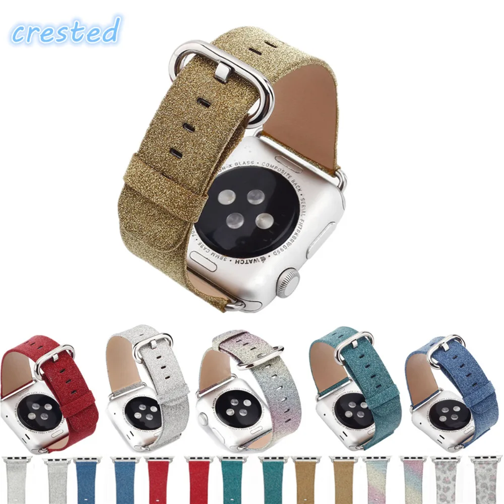 

CRESTED Luxury Glittery Bling Genuine leather watch strap for apple watch band 42mm/38 men women bracelet belt for iwatch 1/2/3
