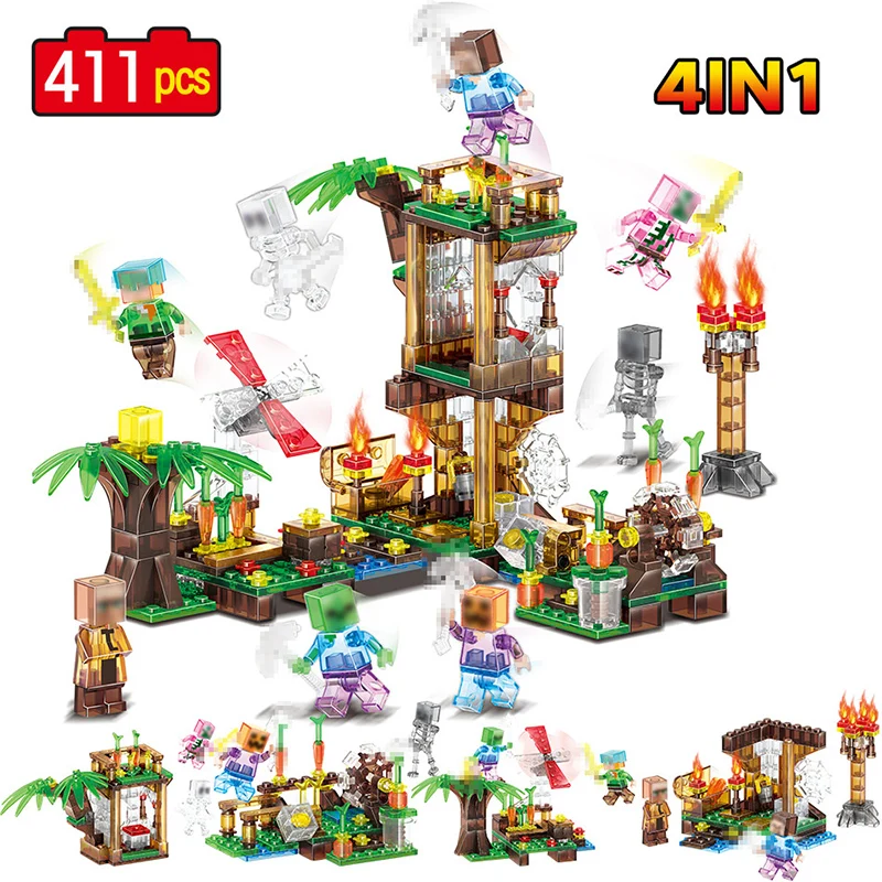 

4 In 1 Crystal Building Blocks Compatible LegoINGLYS Minecrafted Fire House Windmill Zombie Pumpkin Man Figure set Bricks Toys