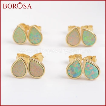 

BOROSA 5Pairs Gold Bezel Teardrop Shape White Opal Stud Earrings for Women,Drusy Japanese Opal Earrings Simple Design ZG0215