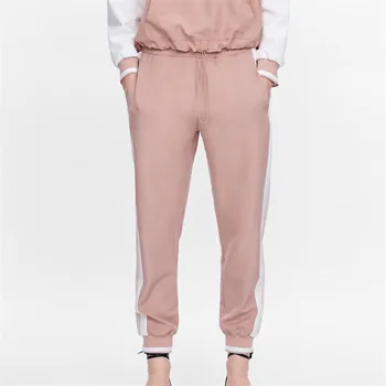

Women casual side stripe harem pants elastic waist pockets ankle length sports trousers pink pantalones