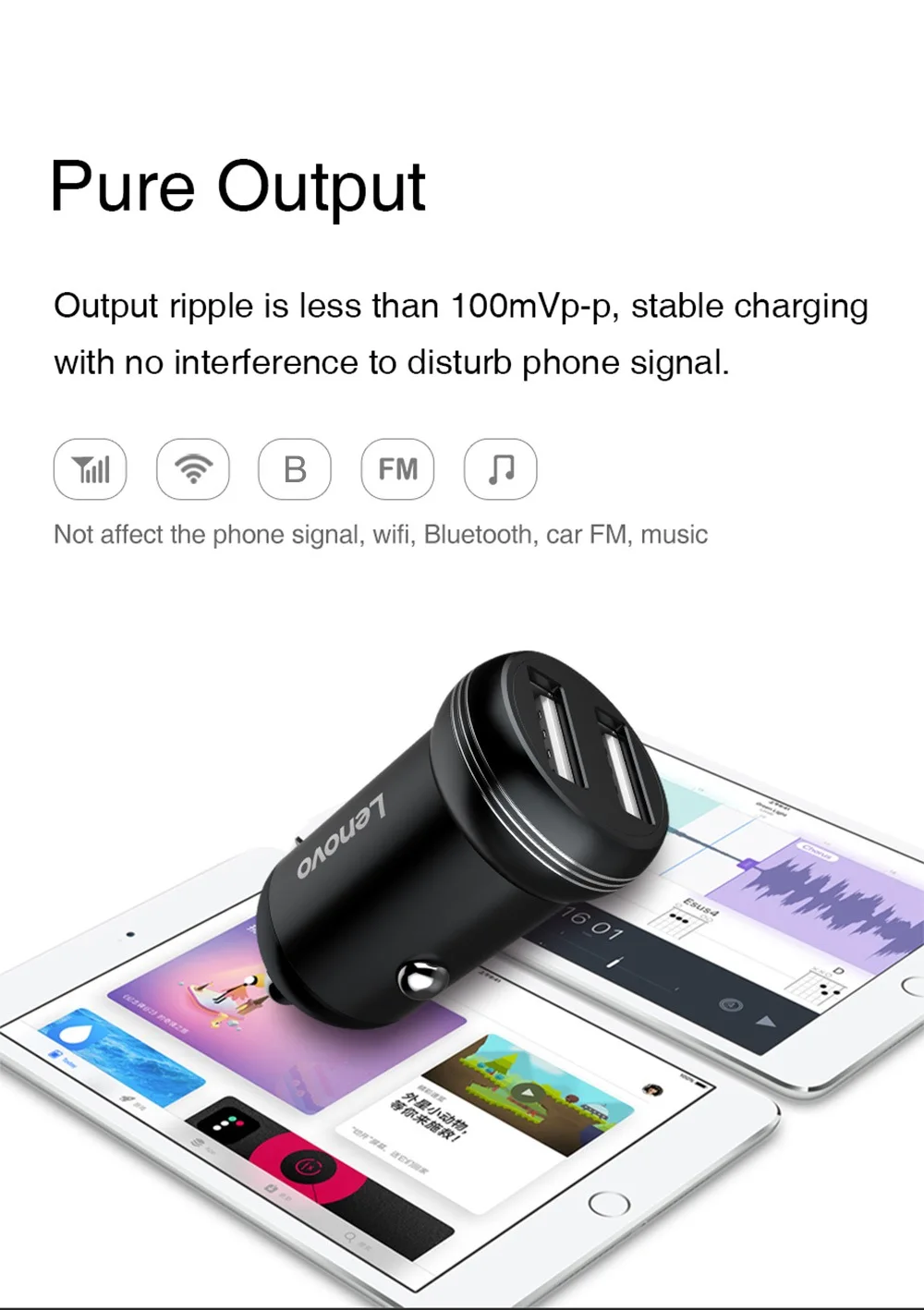 Lenovo HC11 Mini Portable Dual USB Ports Car Charger- Black