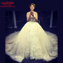 Luxury Royal Ball Gown Sweetheart Flowers Beaded Lace Wedding Dress 2016 Cathedral Train Long Bridal Gown robe de mariage TW178